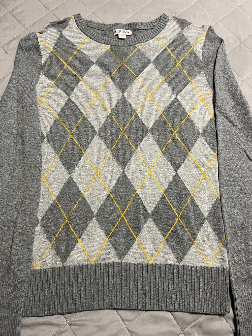 Merona Gray Argyle Crewneck Sweater with Yellow Piping